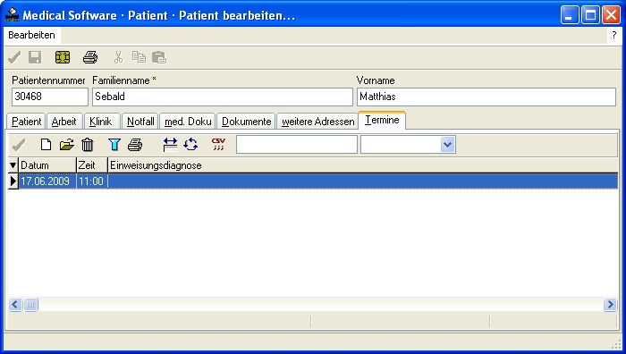 In der Registerkarte Termine können zusätzliche Termine zu dem/r Patienten/in bearbeitet werden (z. B. geplanter Behandlungsbeginn). Die im Modul Voranmeldung erfassten Termine zu dem Patienten werden hier aufgeführt.